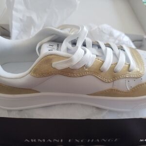 Armani Exchange Women's White and Gold Lace Up Sneakers New Size 10